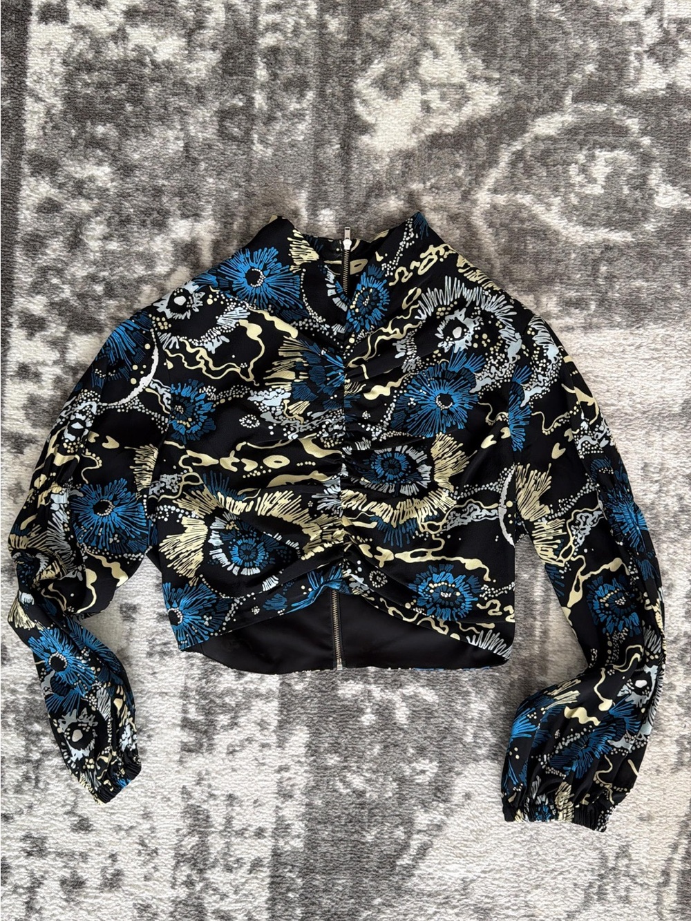 A.L.C. Black Cropped Bomber Jacket with Blue and Cream Floral Print